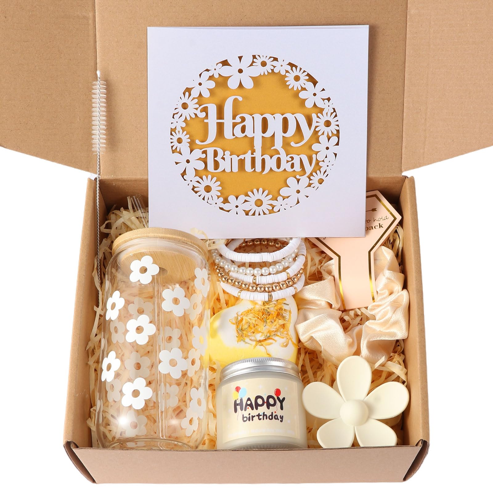 ONIYEA Birthday Gift for Teen Girls, 7 Cute Gifts with Tasks, Happy Birthday Gift Ideas,Trendy Preppy Stuff for Teen Girls, Christmas, Cute Daisy Aesthetic Glass Cups Tumbler Gifts Set 7pcs (Pink)